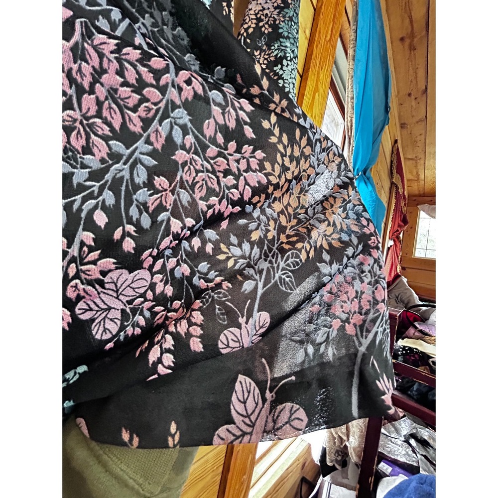 Vintage Sears Butterfly‎ Floral Print Dress Long Sleeve Elastic Waist Black Pink - Picture 6 of 12
